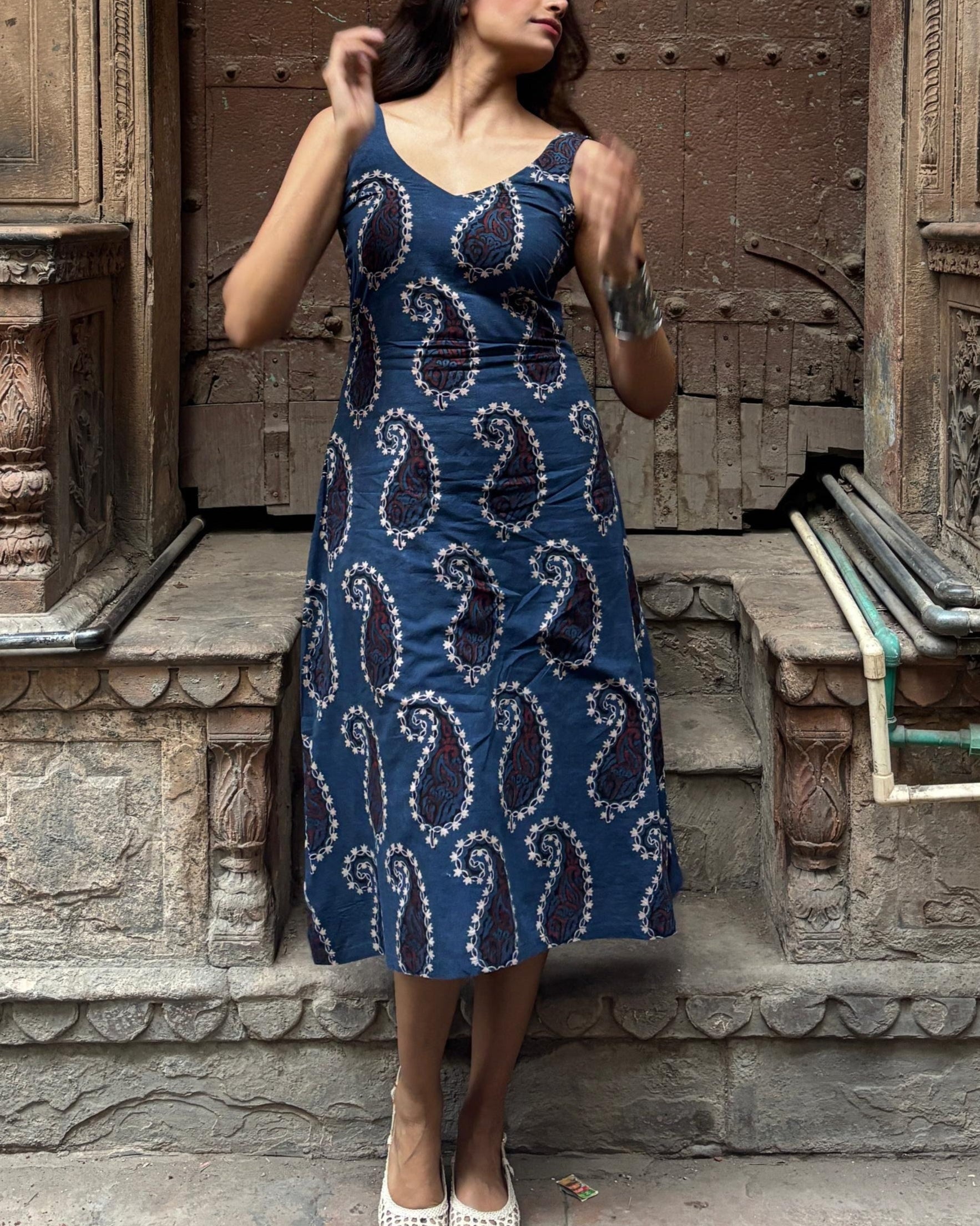 ajrakh cotton dress Indian Ethnic Women's Iyana Blue Ajrakh Cotton A Line Dress